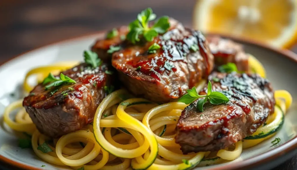 garlic butter steak bites with zucchini noodles