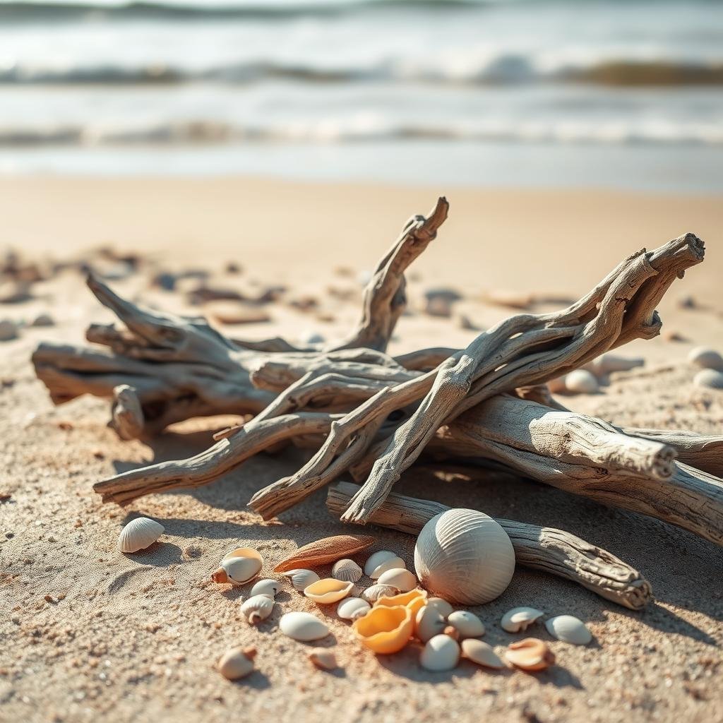 Natural beach decor with driftwood and seashells