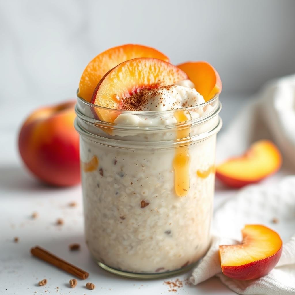 Peach overnight oats in a jar