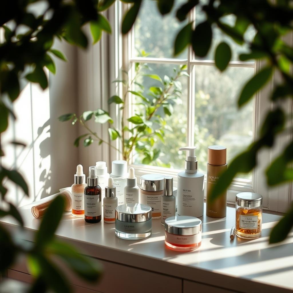 A cozy, well-lit vanity table in a serene, sun-dappled room. On the table, an array of seasonal skincare essentials: hydrating serums, nourishing creams, and gentle exfoliants. Soft, diffused lighting illuminates the products, highlighting their textures and colors. In the background, lush greenery frames the scene, creating a calming, natural atmosphere. The camera angle is slightly elevated, giving a birds-eye view of the carefully curated skincare setup, emphasizing the transition from one season to the next. A cozy, well-lit vanity table in a serene, sun-dappled room. On the table, an array of seasonal skincare essentials: hydrating serums, nourishing creams, and gentle exfoliants. Soft, diffused lighting illuminates the products, highlighting their textures and colors. In the background, lush greenery frames the scene, creating a calming, natural atmosphere. The camera angle is slightly elevated, giving a birds-eye view of the carefully curated skincare setup, emphasizing the transition from one season to the next.