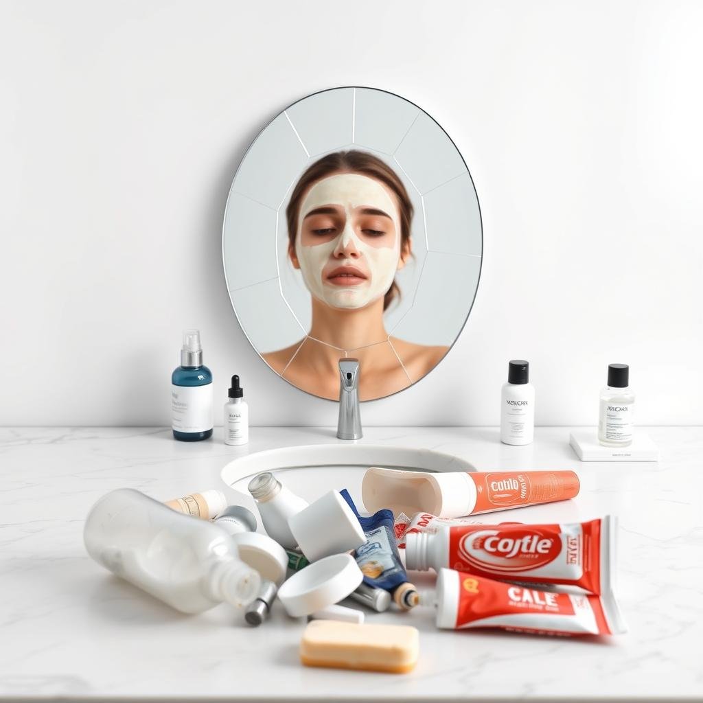 A minimalist, high-key, glossy studio shot of a marble vanity top displaying various common skincare mistakes. In the foreground, a jumbled collection of products - a half-empty moisturizer bottle, a chipped bar of soap, an opened tube of toothpaste. In the middle ground, a cracked mirror reflects a person's face with a poorly applied face mask and visible red irritation. The background is a clean, white cyclorama, softly lit from above to create a bright, clinical atmosphere. The overall scene conveys a sense of disorganization and poor skincare habits that a minimalist routine could help correct. A minimalist, high-key, glossy studio shot of a marble vanity top displaying various common skincare mistakes. In the foreground, a jumbled collection of products - a half-empty moisturizer bottle, a chipped bar of soap, an opened tube of toothpaste. In the middle ground, a cracked mirror reflects a person's face with a poorly applied face mask and visible red irritation. The background is a clean, white cyclorama, softly lit from above to create a bright, clinical atmosphere. The overall scene conveys a sense of disorganization and poor skincare habits that a minimalist routine could help correct.