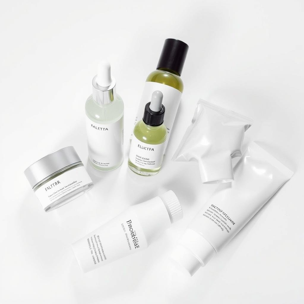 A minimalist, high-key studio photograph of an assortment of skincare products arranged on a clean, white surface. The products include a moisturizer, facial serum, gentle cleanser, and a face mask in simple, minimalist packaging. The lighting is soft and diffused, creating an even, glowing illumination that highlights the textures and forms of the products. The camera angle is slightly elevated, giving a birds-eye view of the arrangement. The overall mood is calm, serene, and focused on the essentials of a minimalist skincare routine. A minimalist, high-key studio photograph of an assortment of skincare products arranged on a clean, white surface. The products include a moisturizer, facial serum, gentle cleanser, and a face mask in simple, minimalist packaging. The lighting is soft and diffused, creating an even, glowing illumination that highlights the textures and forms of the products. The camera angle is slightly elevated, giving a birds-eye view of the arrangement. The overall mood is calm, serene, and focused on the essentials of a minimalist skincare routine.