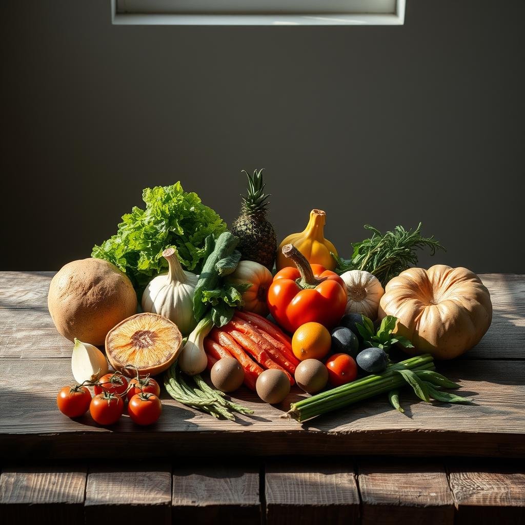 A minimalist still life showcasing the artful arrangement of a variety of fresh, organic produce on a rustic wooden surface. The subjects are illuminated by soft, natural lighting from an overhead window, casting gentle shadows and highlighting the vibrant colors and textures of the ingredients. The composition is balanced and intentional, with each element carefully positioned to create a visually appealing display. The mood is one of tranquility and mindfulness, inviting the viewer to slow down and appreciate the beauty and simplicity of the prepared meal. A minimalist still life showcasing the artful arrangement of a variety of fresh, organic produce on a rustic wooden surface. The subjects are illuminated by soft, natural lighting from an overhead window, casting gentle shadows and highlighting the vibrant colors and textures of the ingredients. The composition is balanced and intentional, with each element carefully positioned to create a visually appealing display. The mood is one of tranquility and mindfulness, inviting the viewer to slow down and appreciate the beauty and simplicity of the prepared meal.