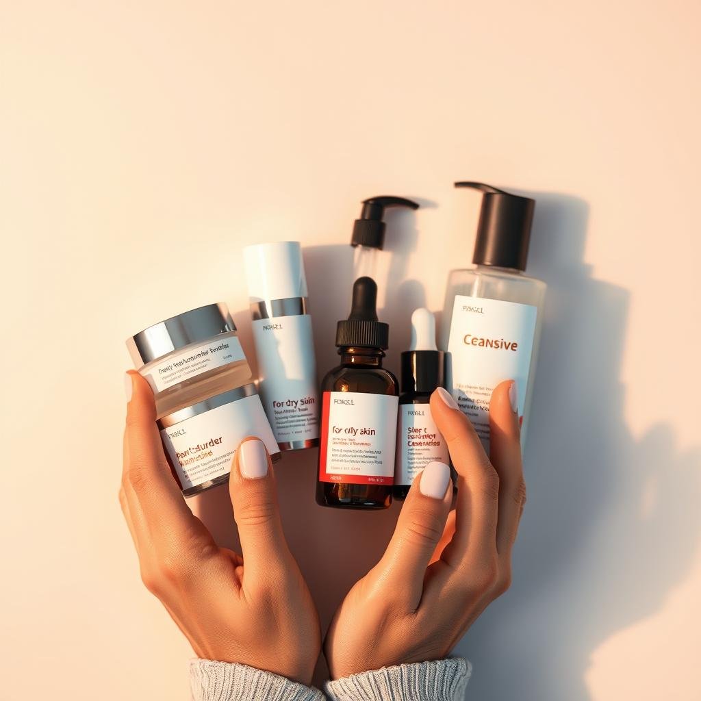 A well-lit, close-up scene of a person's hands gently examining an assortment of skincare products, including a moisturizer, serum, and cleanser, against a soft, pastel-colored background. The products should be neatly displayed, with their packaging showcasing their respective skin types (e.g., "for dry skin," "for oily skin," "for sensitive skin"). The lighting should be warm and inviting, highlighting the textures and colors of the products. The composition should be balanced, with the hands and products occupying the center of the frame, creating a sense of focus and attention to detail. The overall mood should convey a sense of thoughtfulness, care, and expertise in selecting the appropriate skincare products for one's unique skin type. A well-lit, close-up scene of a person's hands gently examining an assortment of skincare products, including a moisturizer, serum, and cleanser, against a soft, pastel-colored background. The products should be neatly displayed, with their packaging showcasing their respective skin types (e.g., "for dry skin," "for oily skin," "for sensitive skin"). The lighting should be warm and inviting, highlighting the textures and colors of the products. The composition should be balanced, with the hands and products occupying the center of the frame, creating a sense of focus and attention to detail. The overall mood should convey a sense of thoughtfulness, care, and expertise in selecting the appropriate skincare products for one's unique skin type.