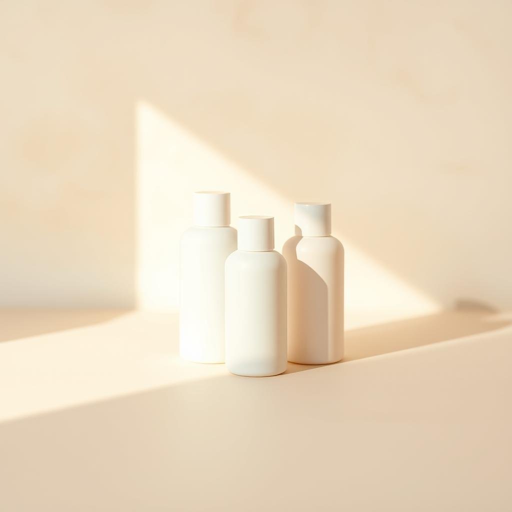 Minimalist skincare routine: a clean, soft-focus set of essential steps. In the center, three smooth, pastel-toned bottles arranged in a balanced composition, casting gentle shadows. The background is a soft, blurred texture in soothing neutral tones, creating a sense of simplicity and serenity. Warm, diffused lighting from the side casts a warm, natural glow, emphasizing the product forms. The overall mood is calm, refined, and focused on the essentials of effective skincare. Minimalist skincare routine: a clean, soft-focus set of essential steps. In the center, three smooth, pastel-toned bottles arranged in a balanced composition, casting gentle shadows. The background is a soft, blurred texture in soothing neutral tones, creating a sense of simplicity and serenity. Warm, diffused lighting from the side casts a warm, natural glow, emphasizing the product forms. The overall mood is calm, refined, and focused on the essentials of effective skincare.