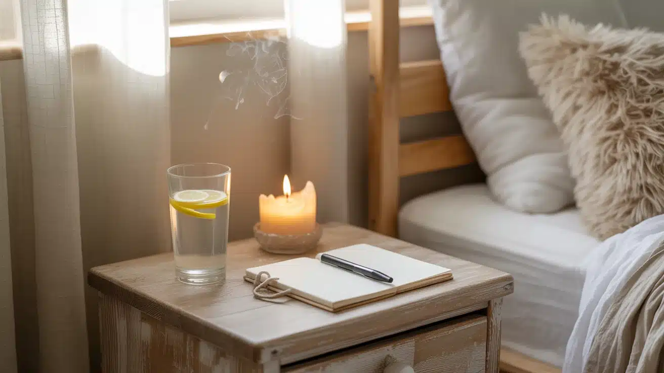 Calm sunlit bedroom with lemon water and journal — featured image for 5-minute healthy morning routine.