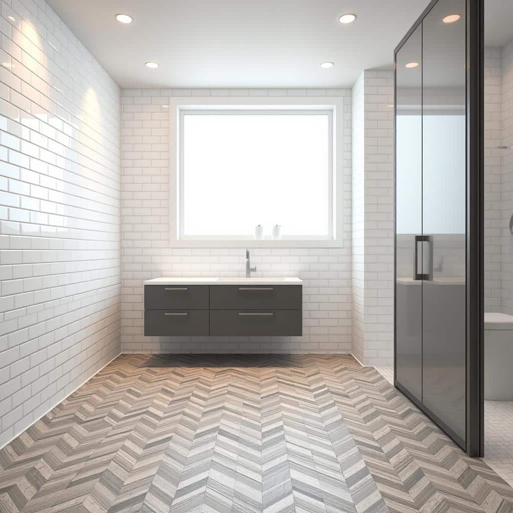 A well-lit, modern bathroom interior showcasing stylish white and gray tile patterns. The foreground features a tiled floor with a geometric chevron design in shades of gray, contrasted by sleek white subway tiles lining the walls. The middle ground presents a floating vanity with a white countertop, complemented by gray-toned cabinetry. Soft, diffused lighting from recessed fixtures casts a warm, inviting glow, highlighting the textural interplay of the tiles. In the background, a large window allows natural daylight to flood the space, creating a bright, airy atmosphere. The overall composition emphasizes the harmonious blend of white and gray tones, as well as the interplay of smooth and patterned surfaces, resulting in a visually striking and contemporary bathroom design. A well-lit, modern bathroom interior showcasing stylish white and gray tile patterns. The foreground features a tiled floor with a geometric chevron design in shades of gray, contrasted by sleek white subway tiles lining the walls. The middle ground presents a floating vanity with a white countertop, complemented by gray-toned cabinetry. Soft, diffused lighting from recessed fixtures casts a warm, inviting glow, highlighting the textural interplay of the tiles. In the background, a large window allows natural daylight to flood the space, creating a bright, airy atmosphere. The overall composition emphasizes the harmonious blend of white and gray tones, as well as the interplay of smooth and patterned surfaces, resulting in a visually striking and contemporary bathroom design.
