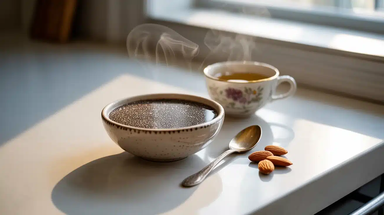 5-Minute Healthy Morning Routine to Start Your Day Right 5 Chia bowl and almonds on kitchen counter — light nutrition as part of a 5-minute routine.